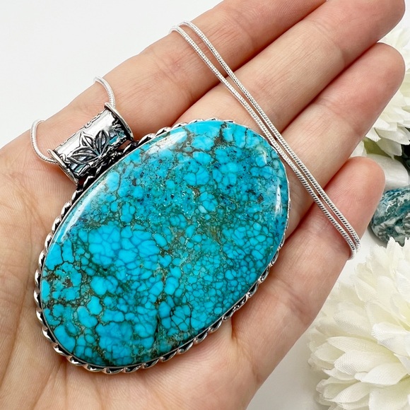 Jewelry - Sterling Silver 925 Turquoise Pendant Necklace Horizontal Oval Antique Style New